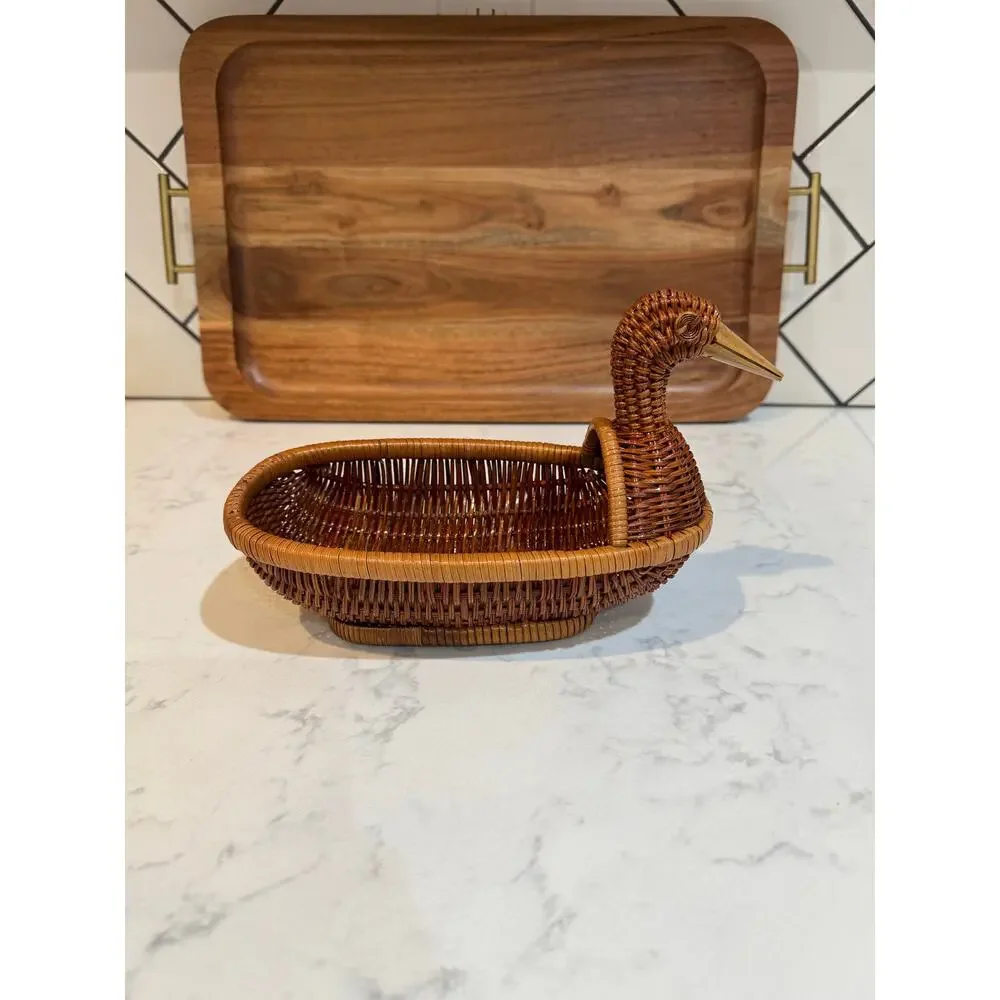 handwoven rattan duck basket elongated oval bowl design integrated duck head